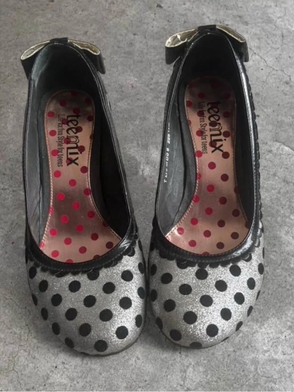 Silver Polka Dot Ballet Heels with Black Accents